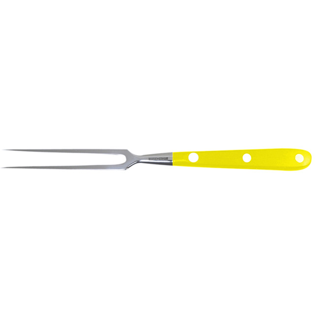 Aufschnittgabel, gelbe K'stoffschalen 23 cm, geschmiedet