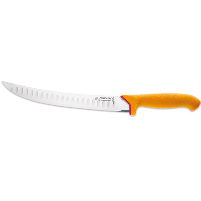 Couteau à découenner PrimeLine, jaune 20 cm, alvéolé, relevé