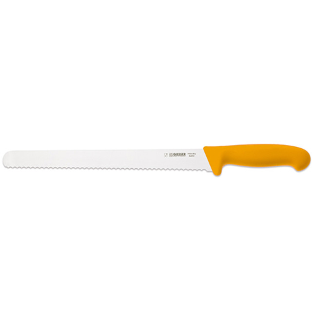 Couteau pour charcuterie, ondulé 28 cm, manche en plastique jaune