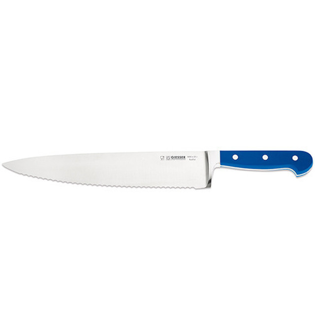 Couteau de chef manche en POM bleu 30 cm, lame large, forgée, ondulé